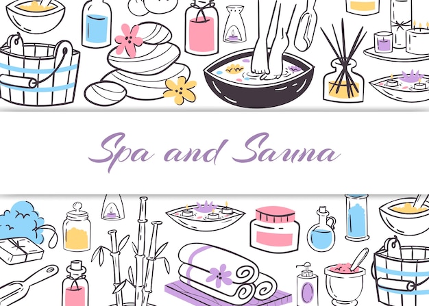 Spa e sauna, senhoras saúde e beleza doodles cartaz ilustração.