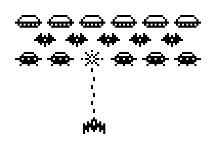 Vetor space arcade pixel art 8bit retro videogame com naves espaciais alienígenas ufo e foguete batalha intergaláctica com invasores cena vetorial estilo computador dos anos 80