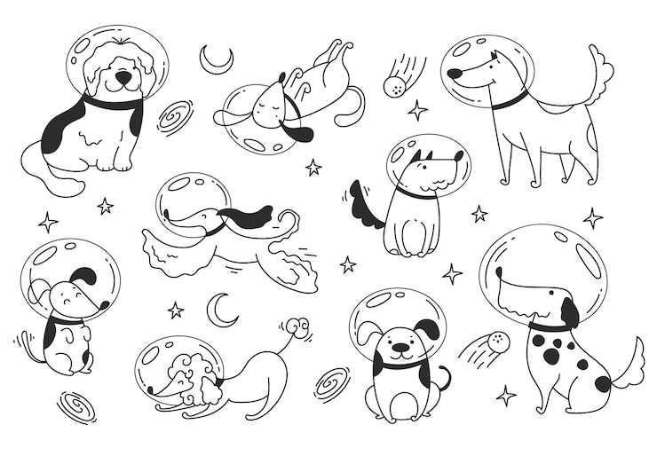 Vetor space dog cachorrinho astronauta cosmonauta universo viagem linha arte doodle estilo conceito abstrato