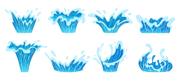 Vetor splashes de água de desenho animado ondas azuis do oceano aqua splashing água limpa splash vector plano coleção de ilustrações conjunto de movimento de água transparente