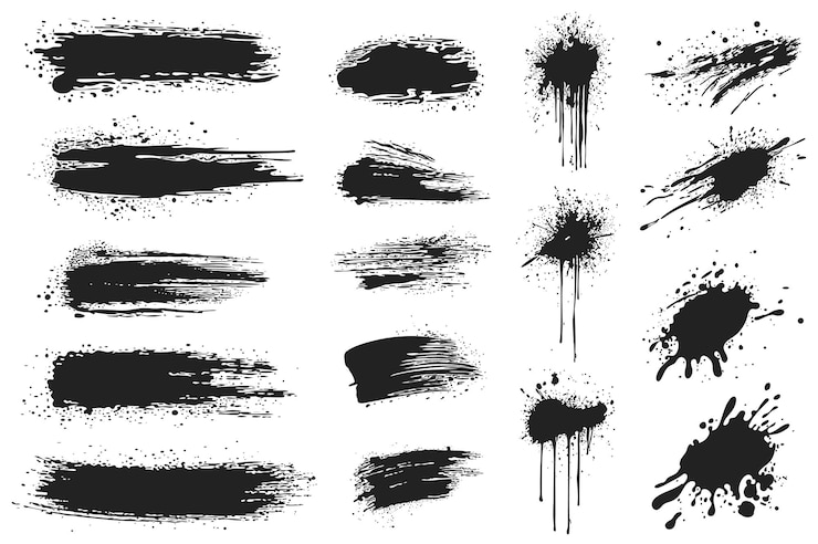 Vetor splatters de tinta preta definem elementos em design gráfico plano coleção de pinceladas e manchas de tinta com textura granulada bagunçada manchas de pinta sujas e manchas com bordas ásperas ilustração vetorial