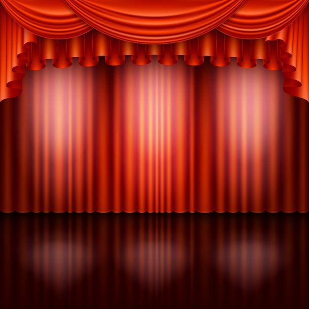 Spotlight no palco e cortina vermelha.