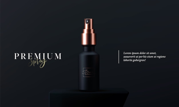 Spray cosmético elegante para cuidados com a pele em fundo preto. realista 3d preto e dourado spray cosmético fosco. lindo modelo cosmético para anúncios. marca de produtos de maquiagem.