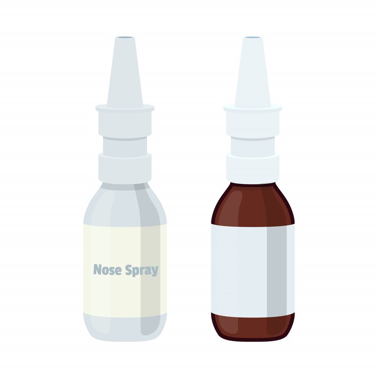Spray nasal, dispensador nasal. Medicina, recipiente de farmácia, design de embalagem
