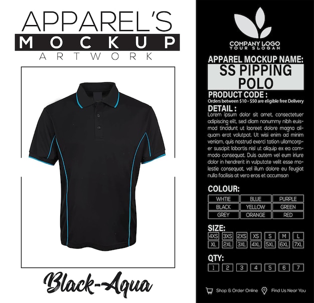 Vetor ss piping polo black aqua apparel mockup design de obras de arte