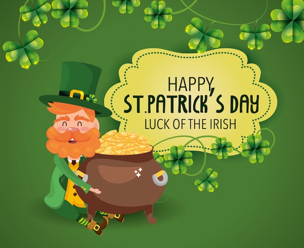 St, patrick, homem, com, caldeirão, e, moedas ouro