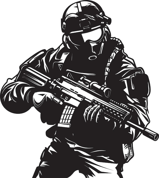 Stance Warrior Black Iconic Soldier with Gun Emblem in Vector Armed Vigilance Vector Black Icon Des