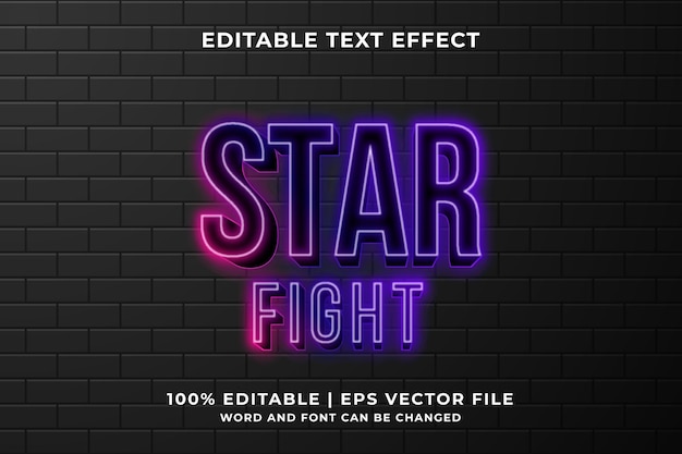 Star Fight com efeito de texto editável neon 3d estilo de modelo Premium Vector