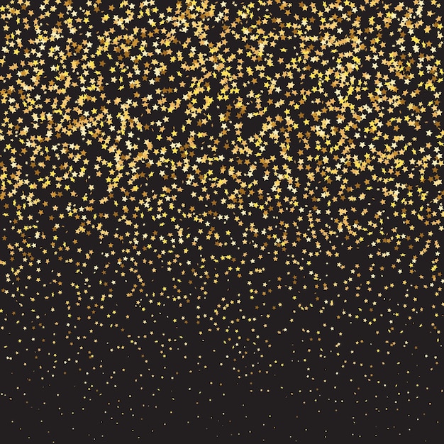 Vetor star sequin confetti em fundo preto. vector gold glitter. partículas caindo no chão. quadro de festa de natal. template de cartão de presente de voucher. cartão de aniversário plano isolado. banner de estrelas douradas.