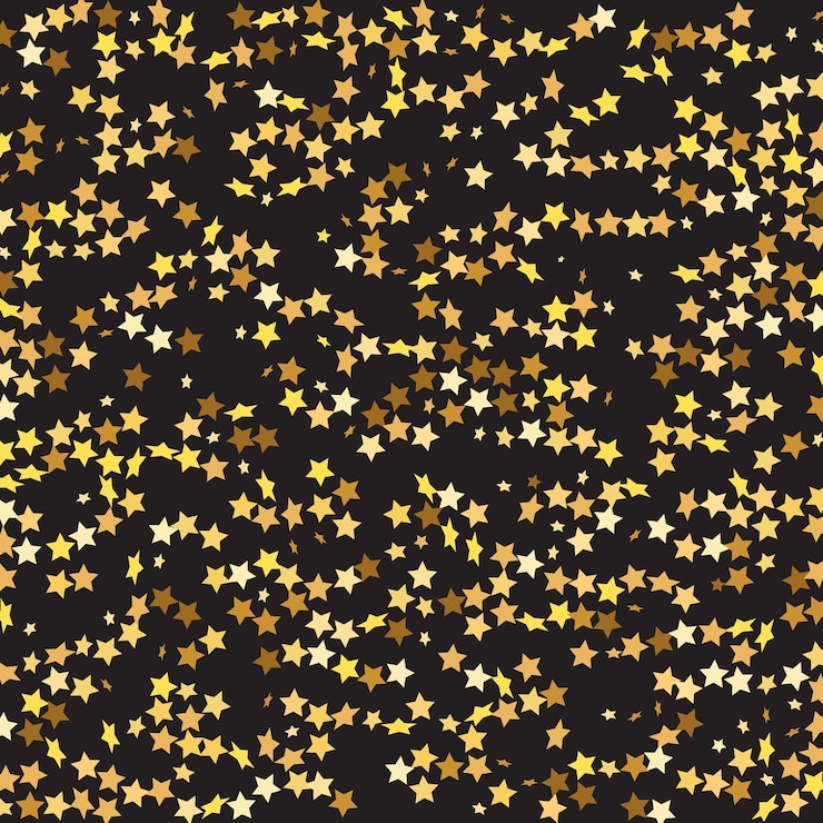Vetor star sequin confetti em fundo preto. vector gold glitter. partículas caindo no chão. quadro de festa de natal. template de cartão de presente de voucher. cartão de aniversário plano isolado. banner de estrelas douradas.