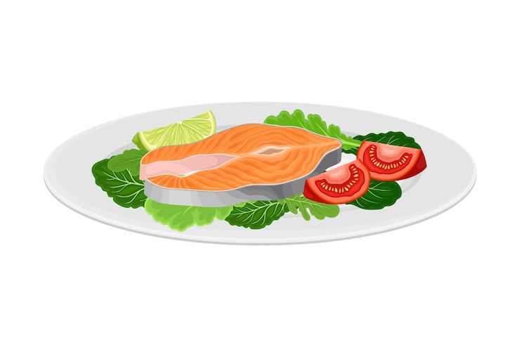 Vetor steak de salmão com vegetais de folhas como ilustração vetorial de prato de frutos do mar