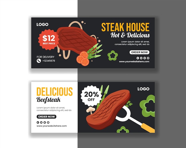 Steakhouse horizontal banner flat cartoon templates desenhados à mão ilustração de fundo