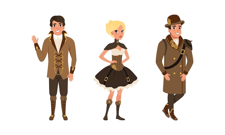 Vetor steampunk people set pessoas masculinas e femininas vestindo ternos e óculos de estilo steampunk com estilo retro ilustração vetorial de desenhos animados