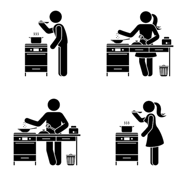 Vetor stick figure masculino e feminino cozinhando em casa conjunto de vetores de cozinha stickman pessoa testando refeição