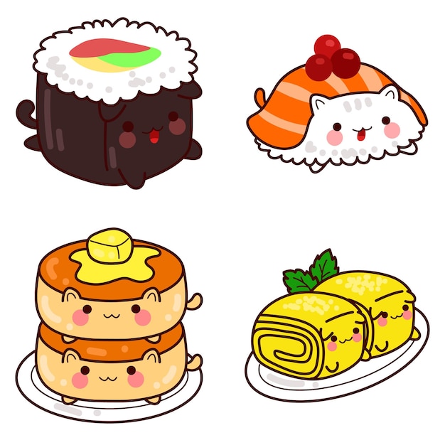 Vetor stickers de desenhos animados de comida japonesa bonitos desenhos de comida japonessa culinária no japão itens de sushi