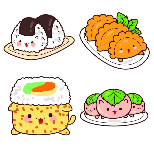 Vetor stickers de desenhos animados de comida japonesa bonitos desenhos de comida japonessa culinária no japão itens de sushi