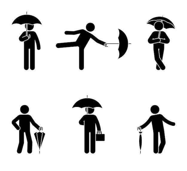 Stickman com conjunto de ícones de guarda-chuva Silhueta preta de homem com acessório resistente à chuva em branco