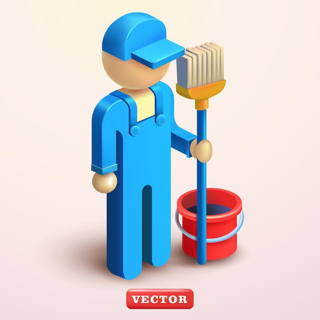 Vetor stickman janitor personagem vetor 3d adequado para serviços de limpeza e elementos de design