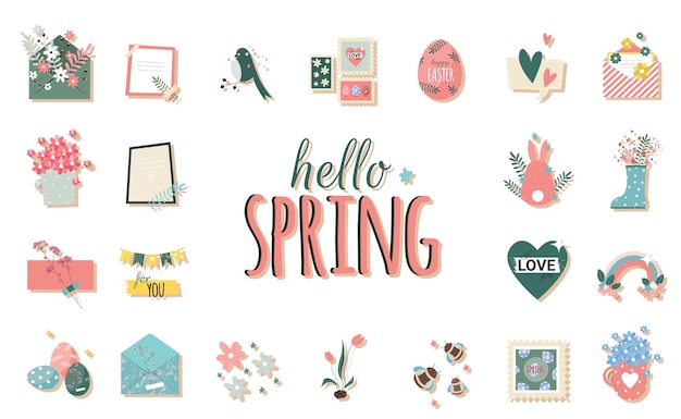 Stikers românticos de primavera com envelope e flores