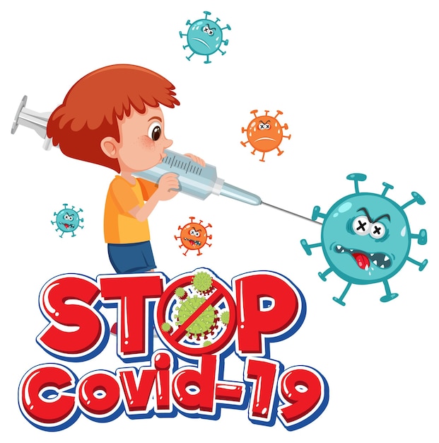 Stop covid-19 logo ou banner com personagem de desenho animado e sinal covid-19