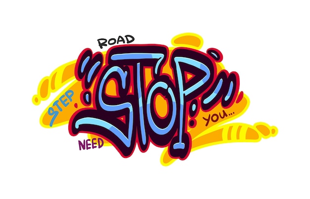 Vetor stop graffiti street art estilo urbano teenage spray paint tag wall graffiti slogan ou rabisco cultura hip hop airbrush texto vetorial arte de rua fundo com tinta azul e laranja stop texto