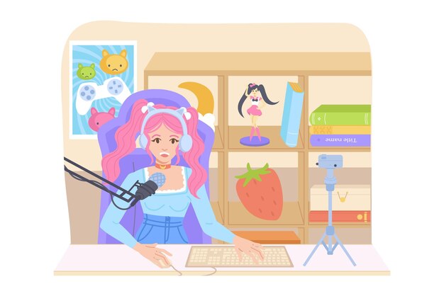 Vetor streamer de jogos blogueira online streaming anime otaku conceito jovem garota joga videogames