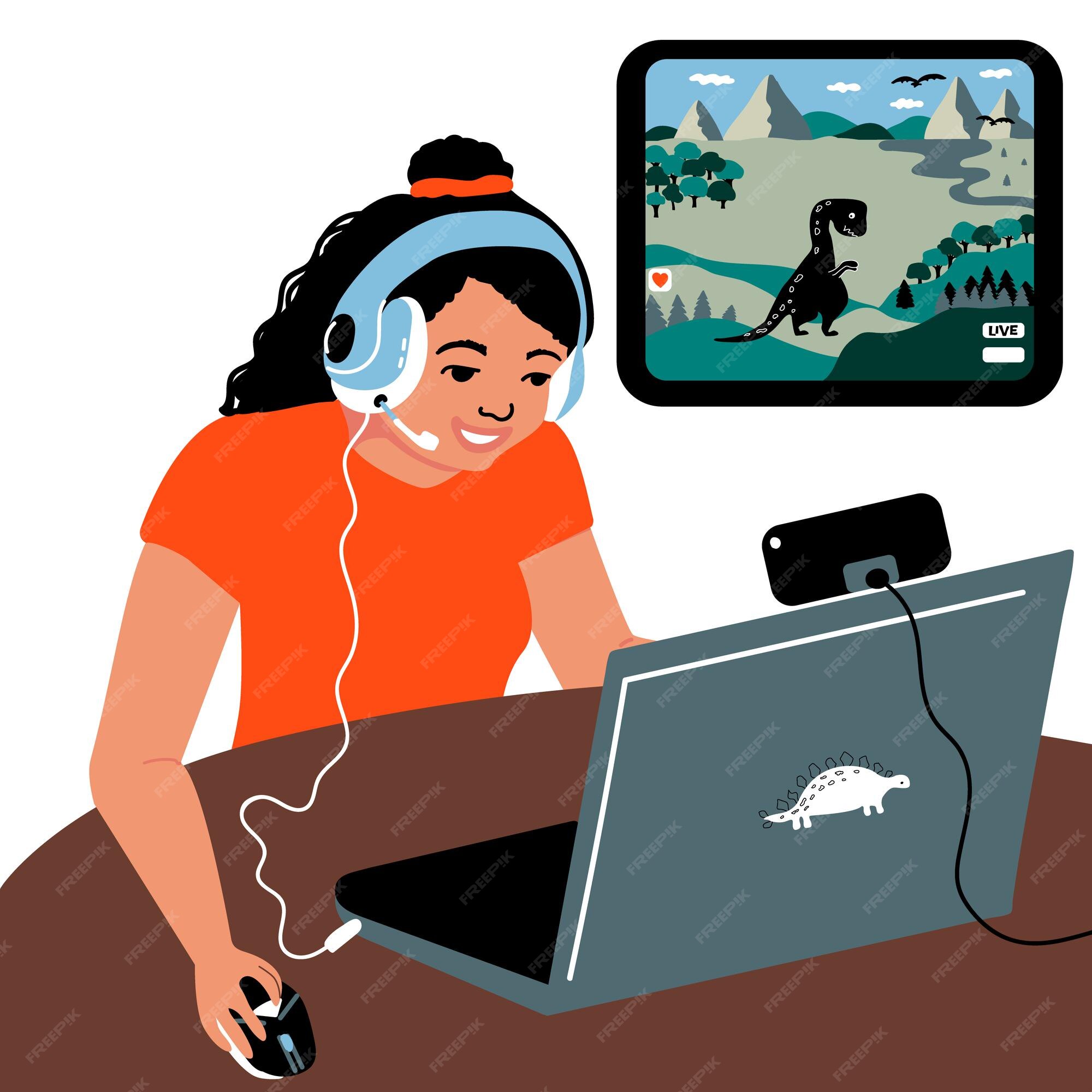 Streamer de videogame. uma garota gamer joga um jogo de dinossauro online  no laptop em casa em uma mesa. streaming online. ilustração vetorial