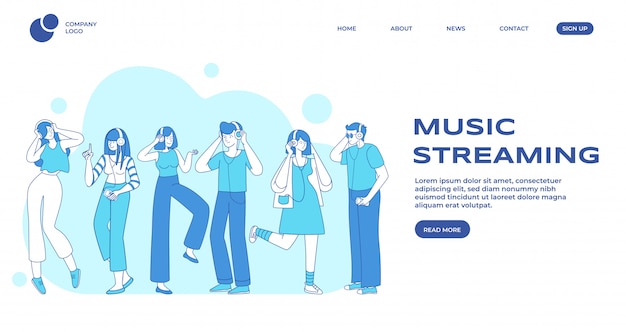 Streaming de música, modelo de página de destino de preferências de pessoas. ouvintes de música masculina e feminina, pessoas com caracteres de contorno plano de fones de ouvido. layout de design do site musical banner web site