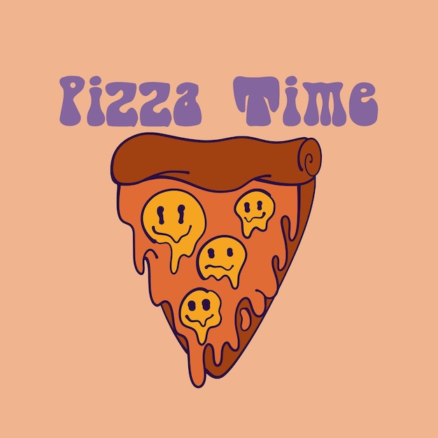 Streetwear retro desenhada à mão pizza e smile face com slogan pizza time for t shirt design