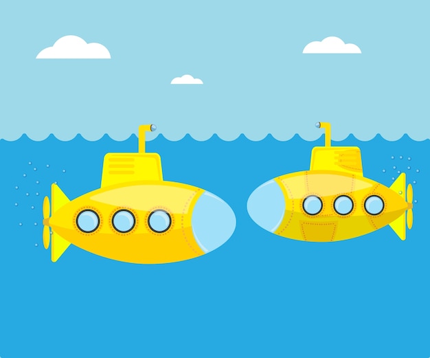 Submarino amarelo em ilustração vetorial de mar azul