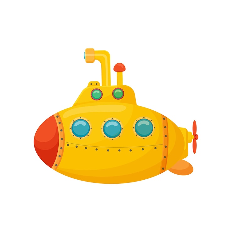 Vetor submarino de desenho animado no mar submarino para pesquisa náutica barco marinho para transporte submarino profundo navio de periscópio de brinquedo isolado em fundo branco ilustração vetorial