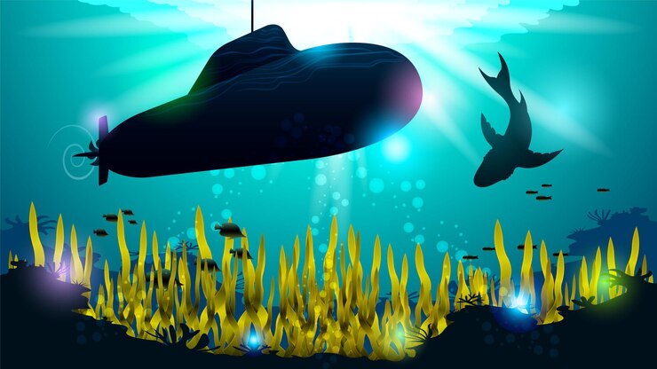 Vetor submarino e fundo de paisagem subaquática de tubarão grande