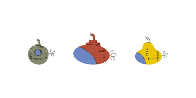 Submarino transporte subaquático projeto de vida marinha ilustração vetorial no estilo escandinavo