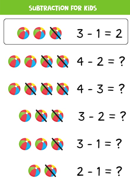 Subtração com bola de brinquedo de desenho animado. jogo educativo de matemática para crianças. aprendendo a contar e a subtrair. números 1-5.