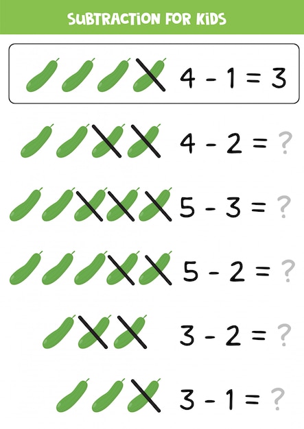 Vetor subtração para crianças. pepinos de desenhos animados. jogo de matemática.