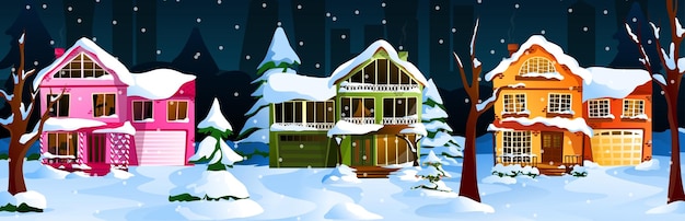 Vetor subúrbio com vista para a neve nas casas
