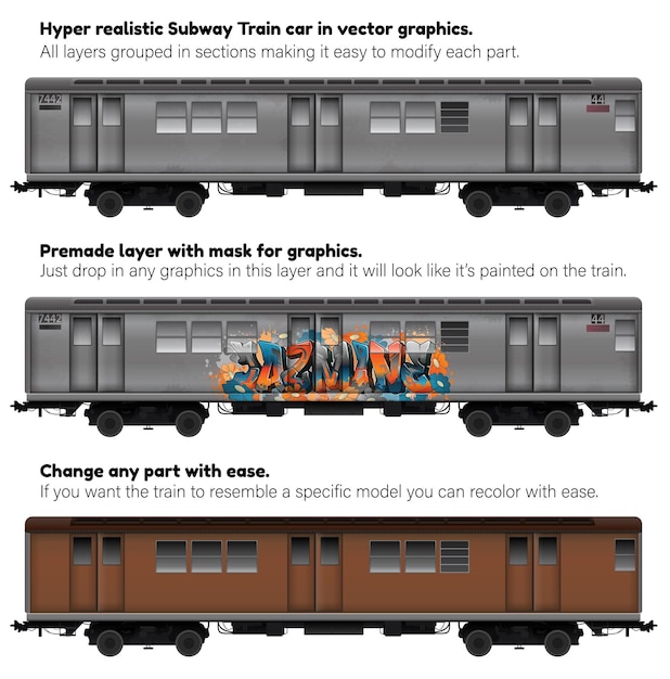 Subway train in vector vagão de metrô super realista em gráficos vetoriais. camada de máscara pronta para inserir qualquer gráfico para fazer com que pareça pintado no trem.