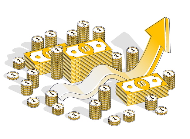 Vetor sucesso e renda crescendo conceito, barra de estatísticas do gráfico de crescimento com pilha de dinheiro isolado no fundo branco. vector 3d ilustração isométrica de negócios e finanças, design de linha fina.