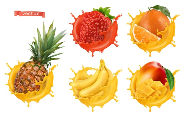 Suco de abacaxi, morango, laranja, banana, manga. frutas frescas e salpicos, conjunto de ícones de vetor realista 3d