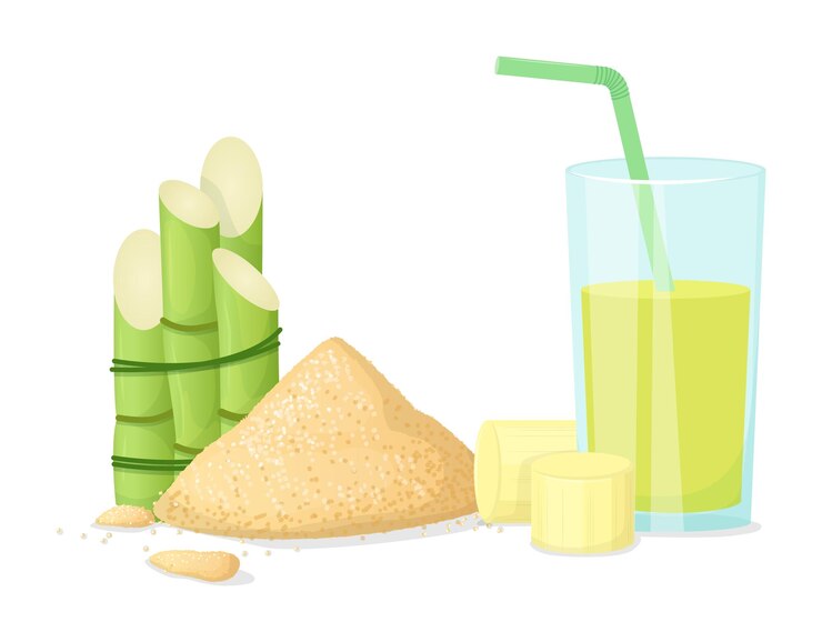 Vetor suco de cana cana de açúcar fresca espremida em vidro com talos e cubos de açúcar