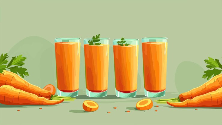 Vetor suco de cenoura refrescante em copos elegantes com fundo colorido