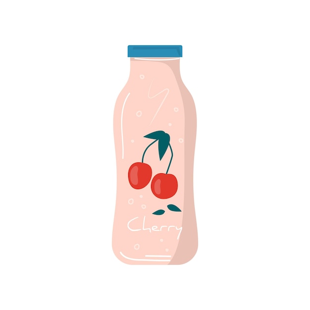 Suco de cereja de verão em ícone de garrafa com frutas e bagas. frutas veganas e coquetéis desintoxicantes saudáveis. misturas vegetarianas, refrigerantes e refrescantes vitaminas geladas para sucos. vector na moda