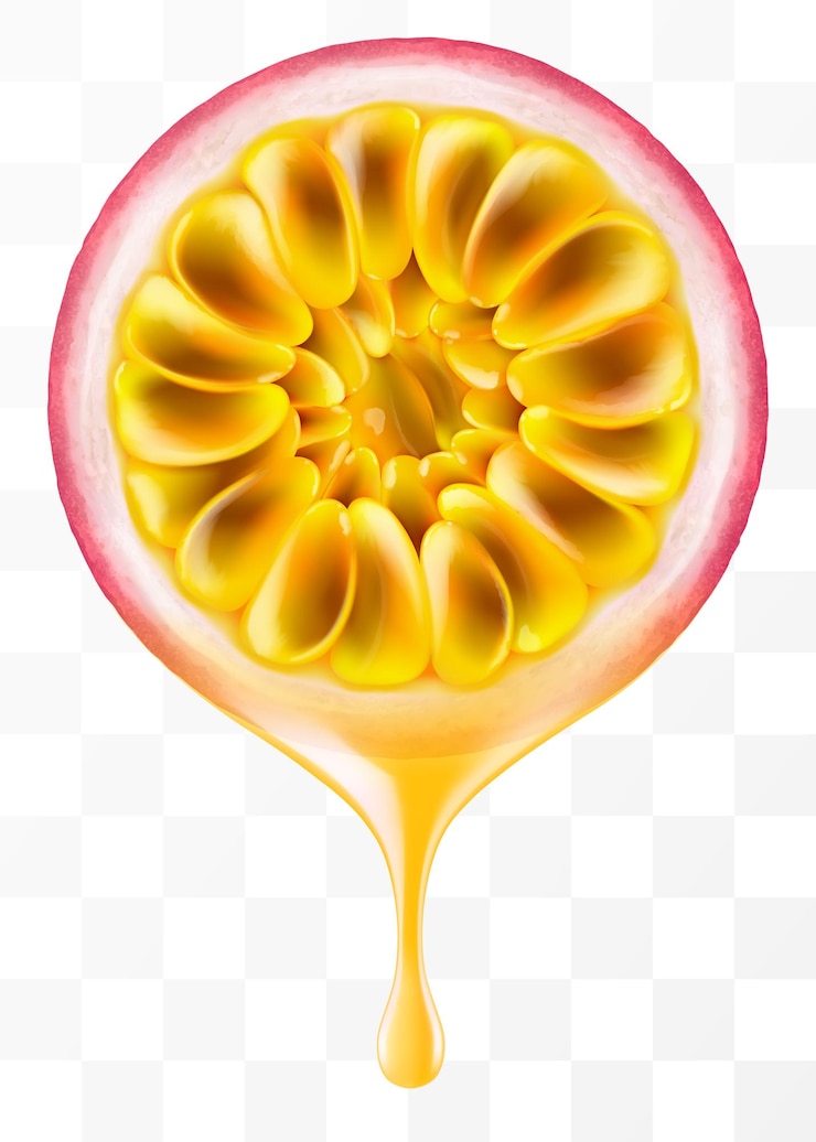 Vetor suco de fruta da paixão a gotejar de fatias frescas de fruta de paixão suculenta isolada sobre um fundo transparente