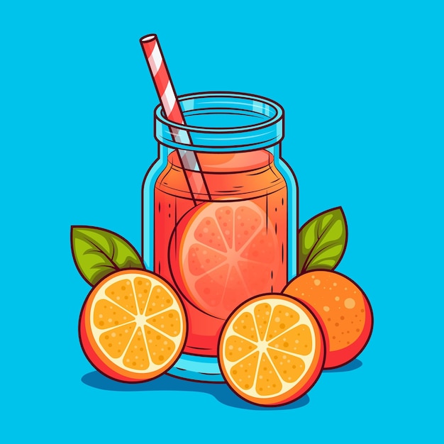 Suco de laranja em frasco de vidro com palha para beber decorado por frutas fatiadas com folhas verdes