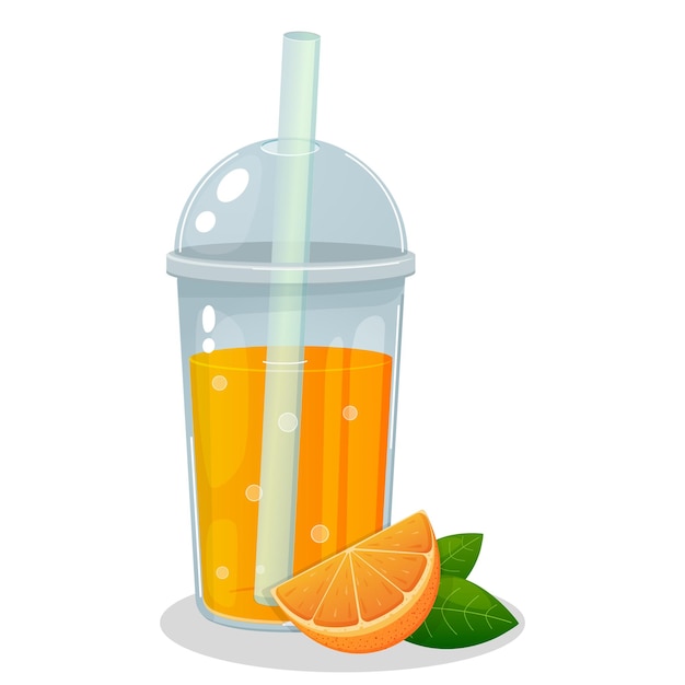 Suco de laranja em um copo de plástico bebida de verão suco fresco smoothie coquetel de frutas estilo cartoon realismo