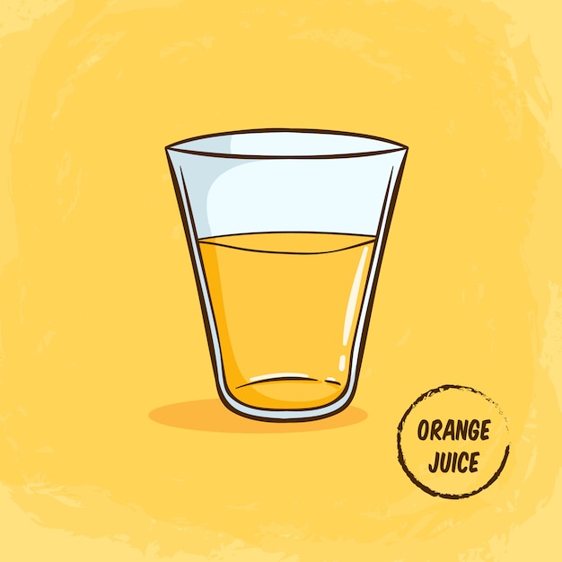 Vetor suco de laranja em uma ilustração de vidro com estilo colorido bonito doodle em amarelo