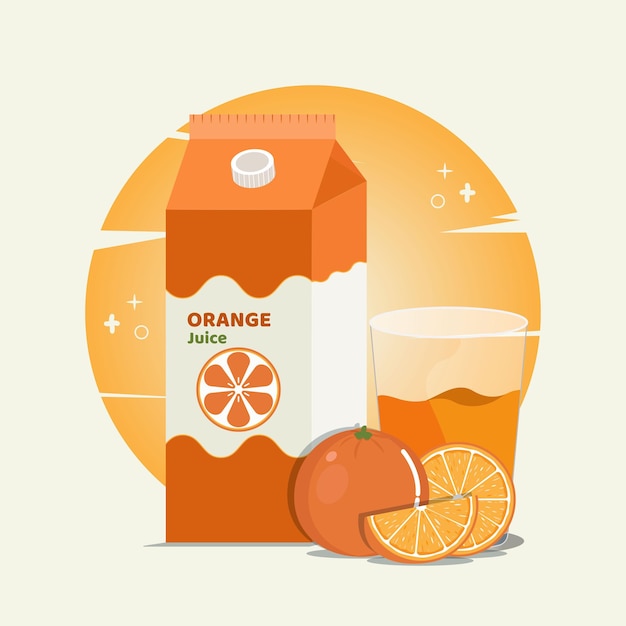 Suco de laranja na embalagem da caixa e na ilustração vetorial de vidro