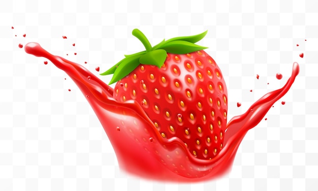 Suco de morango O morango fresco e maduro cai em uma espremida de suco isolado em transparente