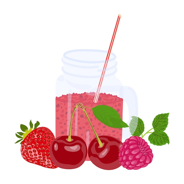 Suco natural de verão de frutas e bagas em uma jarra de vidro com alça e palha Morango