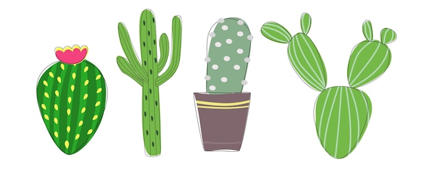 Suculentas de cactos de desenho animado em pacote de plantas verdes de estilo simples